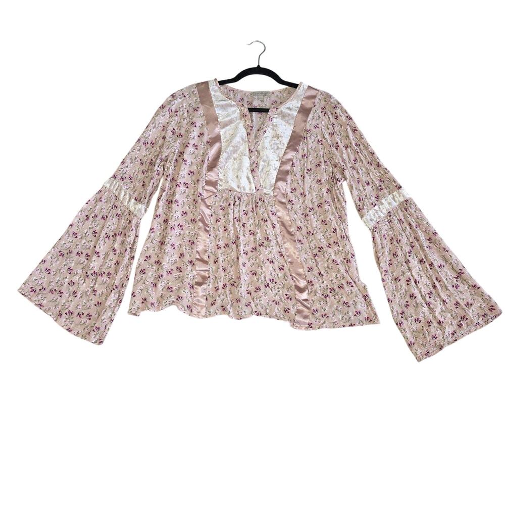 Wonderly Blouse Womens Plus Size 2X Pink Floral Satin Trim Bell Sleeve Boho